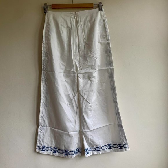 Foxiedox Cotton Crop Wide Leg Trousers Embroidered New White Blue  Size XS & S - Picture 5 of 6